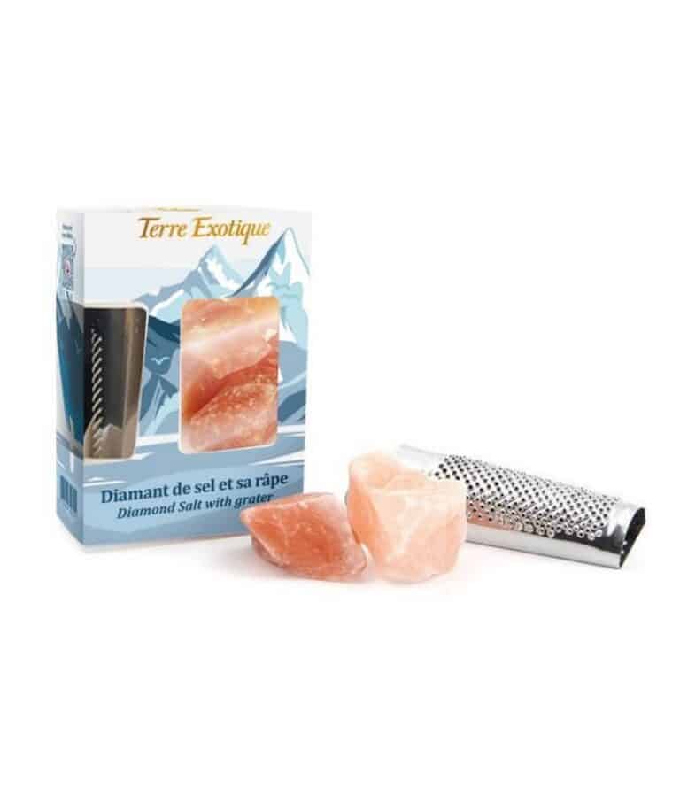 saltdiamanter med rivjarn 400g Stora rosa Himalaya Saltkristaller med en liten rivare, förpackade i en elegant Terre Exotique-burk.