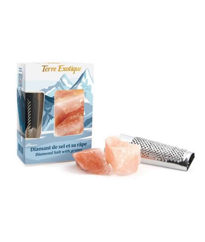 saltdiamanter med rivjarn 400g Stora rosa Himalaya Saltkristaller med en liten rivare, förpackade i en elegant Terre Exotique-burk.
