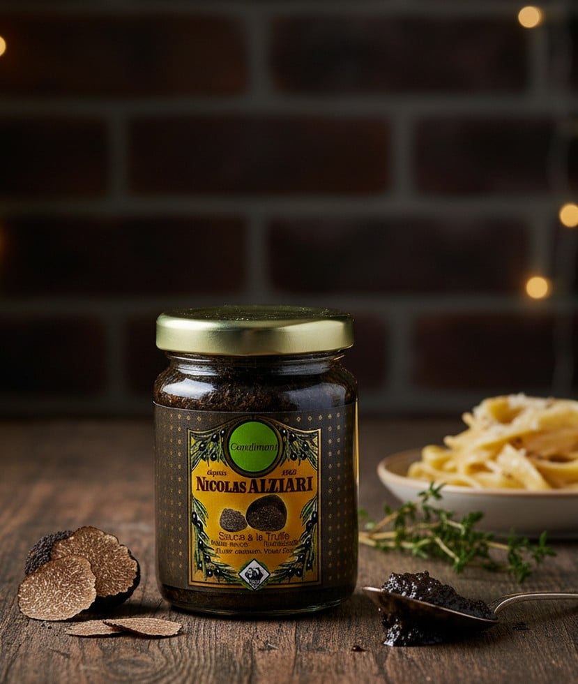 Burk med Nicolas Alziaris tryffelsås, placerad på ett rustikt träbord bredvid färsk tryffel skuren i skivor, en sked med sås, timjan och en tallrik pasta i bakgrunden. En mysig atmosfär med stämningsfulla ljus.