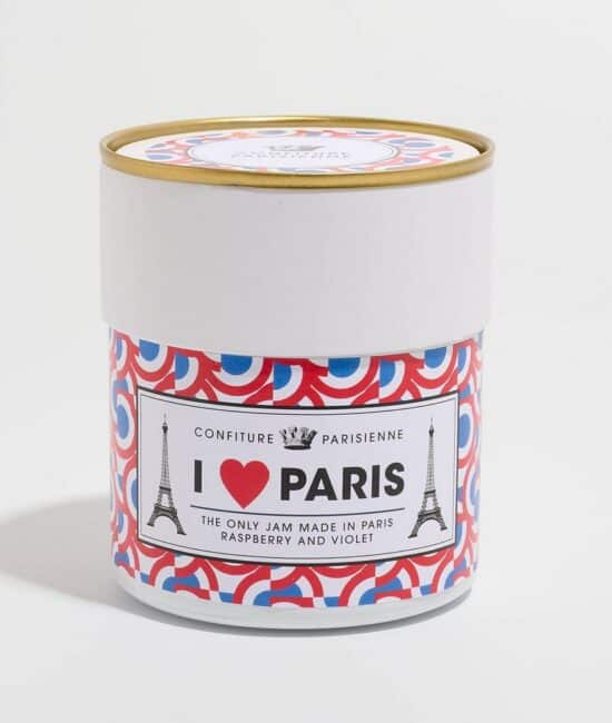 Vit lyxig 250g burk av I Love Paris hallon- och violsylt från Confiture Parisienne.