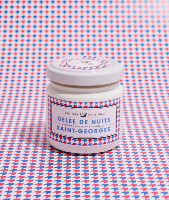 Vit lyxig burk av Gelée de Nuits-Saint-Georges vingelé från Confiture Parisienne 100g.