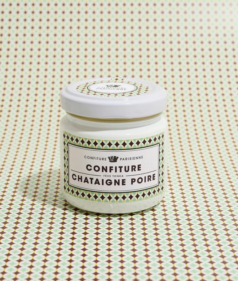 Lyxig vit burk med Confiture Parisienne sylt: Päron, Kastanj och Tonkaböna (100g).