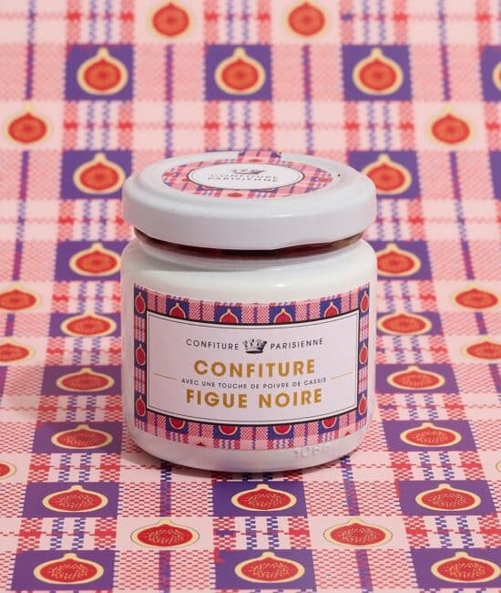 Vit lyxig burk av Confiture Parisienne sylt med smak av svarta fikon och svarta vinbär (100g).