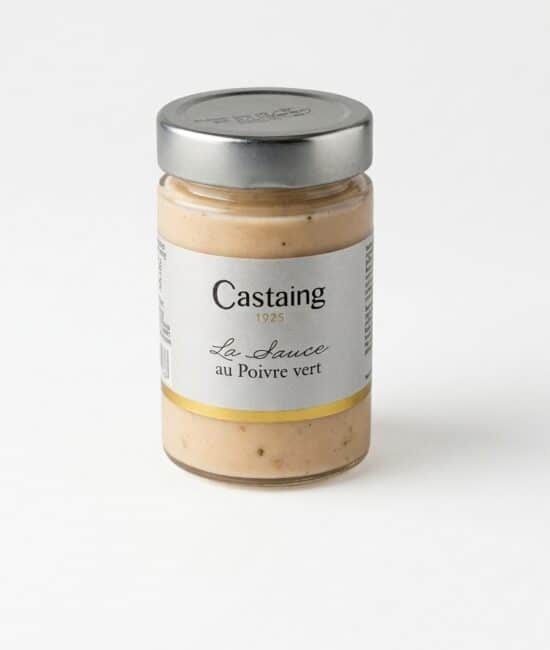 Bild av Castaing grönpepparsås i en 180 g burk, som visar den läckra och krämiga konsistensen av såsen.