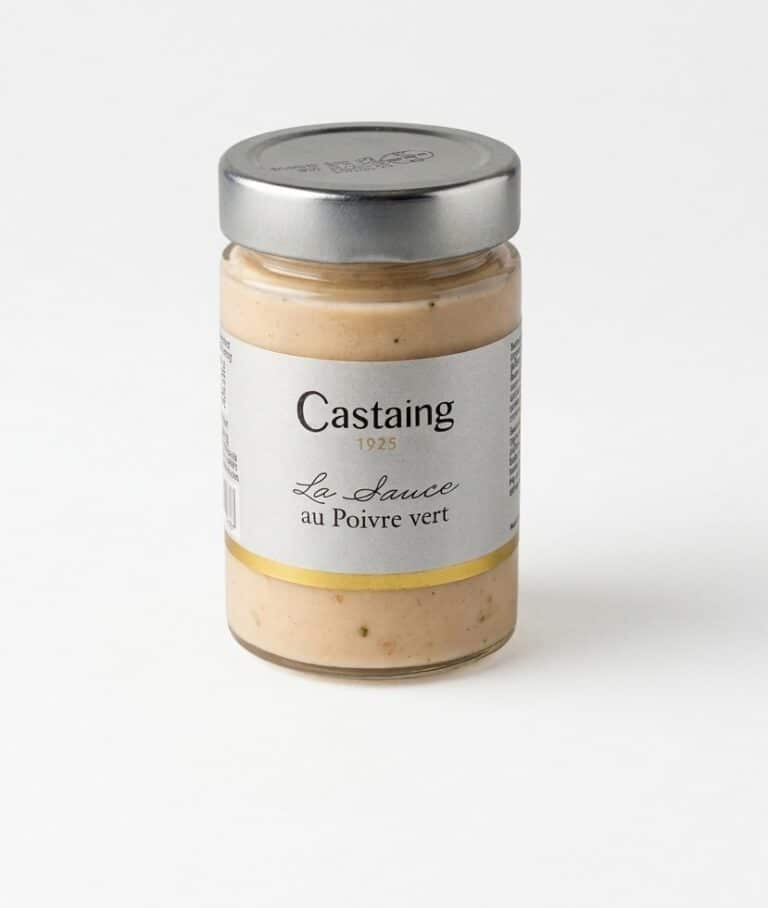 Bild av Castaing grönpepparsås i en 180 g burk, som visar den läckra och krämiga konsistensen av såsen.